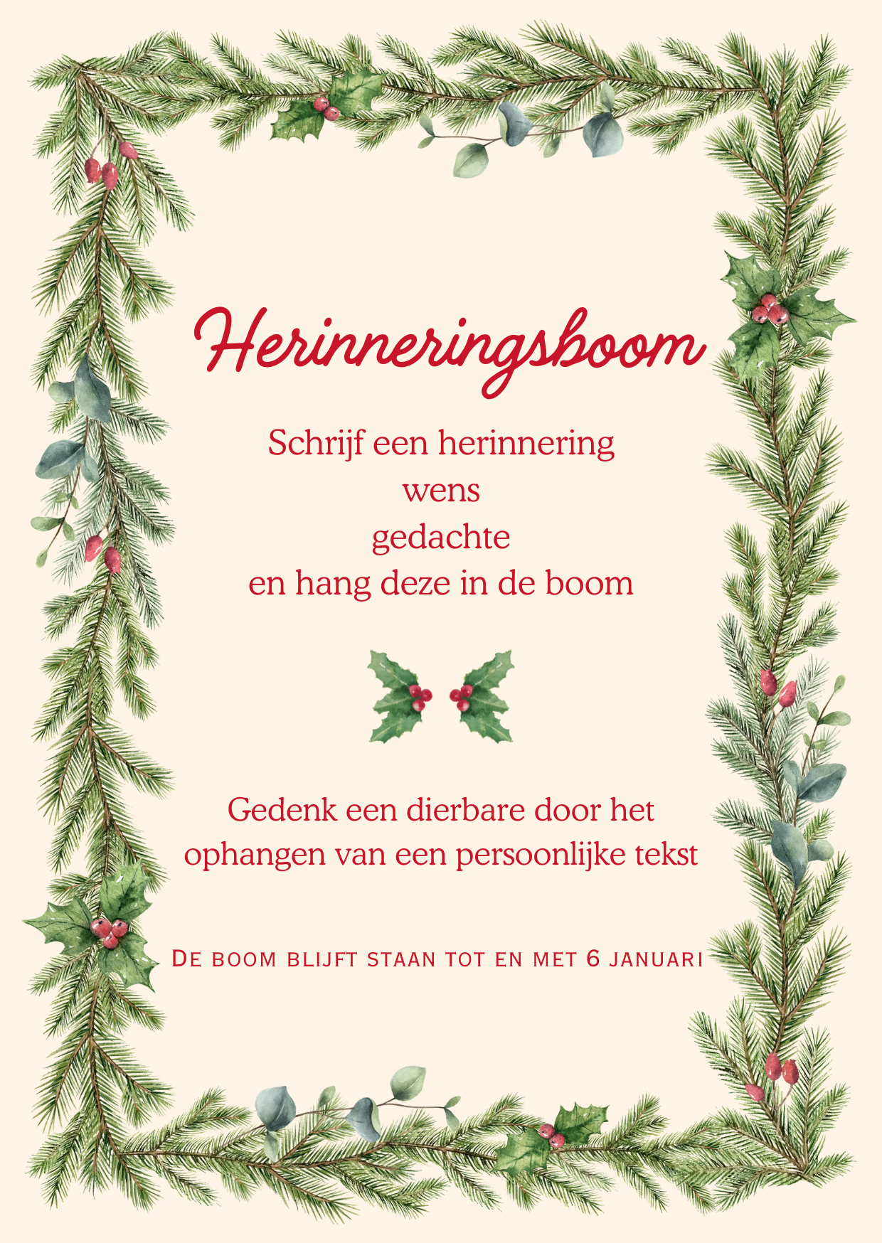 Herinneringsboom: Schrijf een herinnering wens gedachte en hang deze in de boom. Gedenk een dierbare door het ophangen van een persoonlijke tekst. De boom blijft staan tot en met 6 januari.