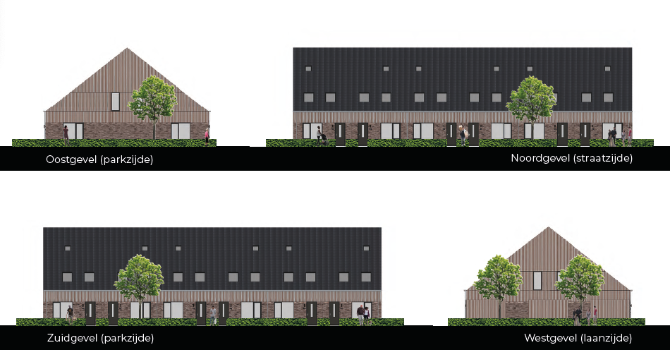 Schuurwoningen - architectonische vormgeving en materialisatie - Oostgevel parkzijde Noordgevel straatzijde Zuidgevel parkzijde Westgevel laanzijde
