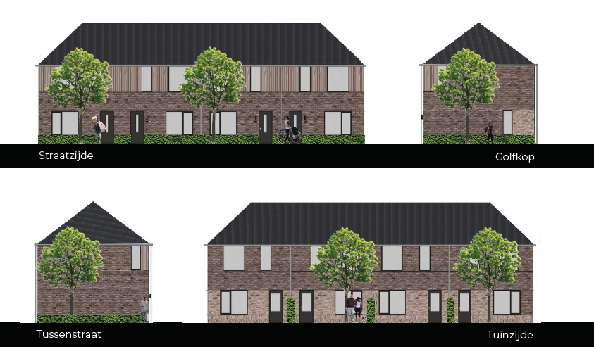 Laanwoningen Mondriaanlaan - Architectonische vormgeving en materialisatie - Straatzijde, Golfkop, Tussenstraat en Tuinzijde