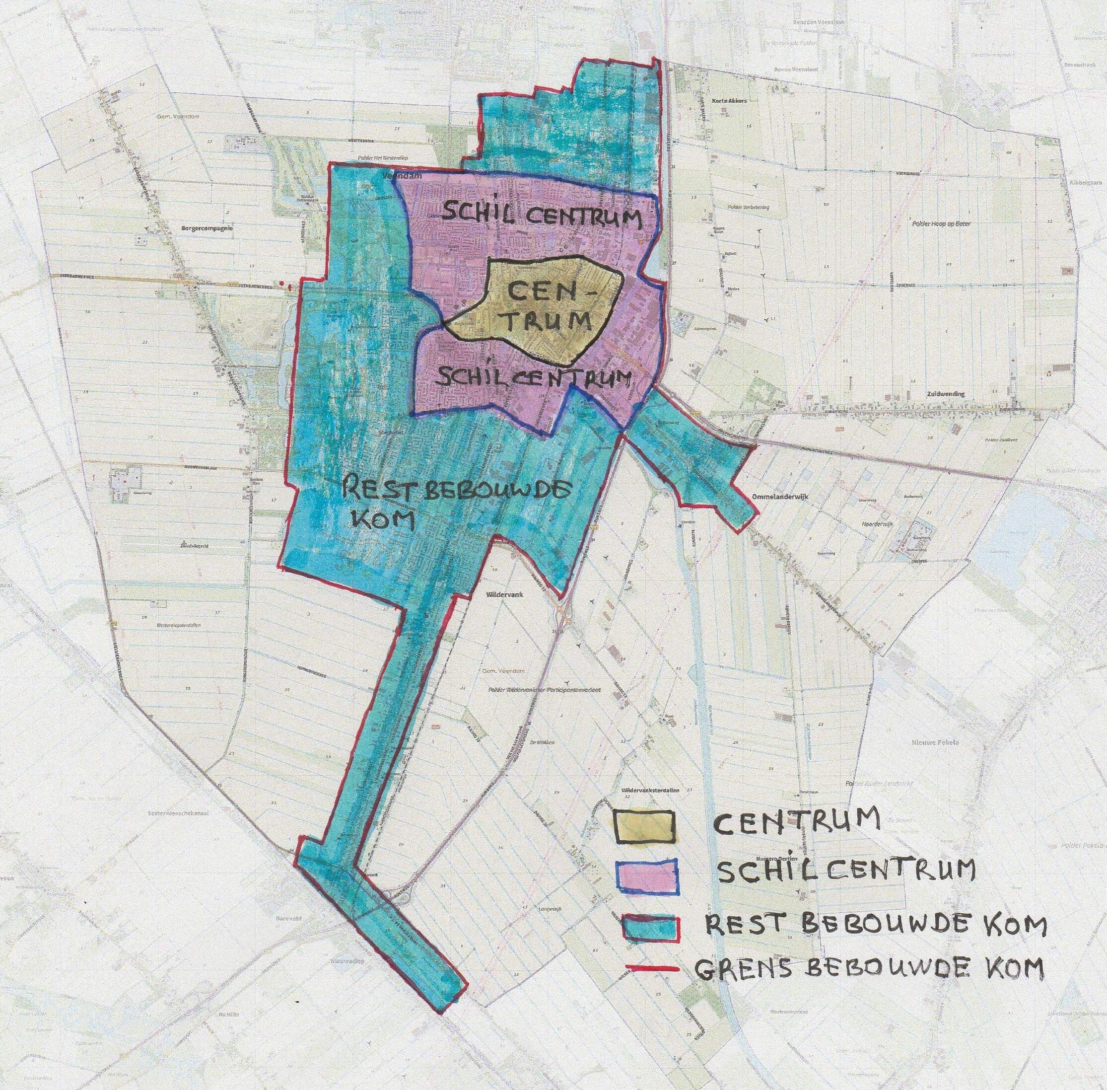 Kaart indeling gemeente: centrum; schilcentrum; rest bebouwde kom en grens bebouwde kom