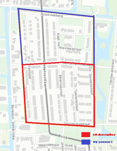 Kaart: In en ten Zuiden van de Meezenbroekstraat is op zaterdag 18 december 2021 Grofvuil-actie en ten Noorden van de Meezenbroekstraat is op zaterdag 29 januari 2022 de Grofvuil-actie
